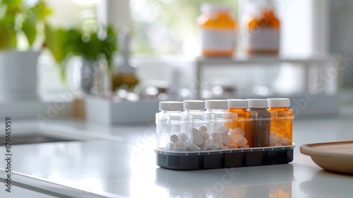 Close-up of medicine bottles and pill organizer on a white kitchen counter with blurred background. Health and wellness concept.