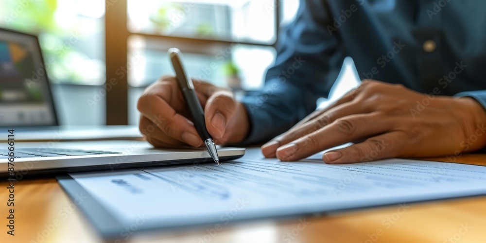 A close-up of a hand signing a financial contract, with documents and a laptop in the background, representing formal financial agreements A close-up of a hand signing a financial contract, with documents and a laptop in the background, representing formal financial agreements