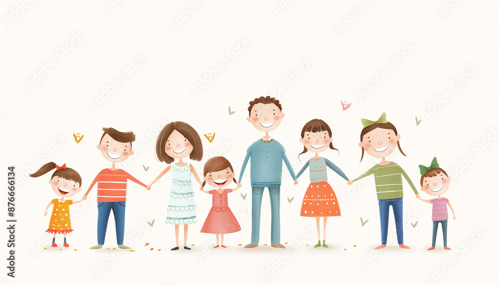 A cheerful illustration of a large family holding hands creating a joyful and playful visual perfect for family and children themes A cheerful illustration of a large family holding hands creating a joyful and playful visual perfect for family and children themes