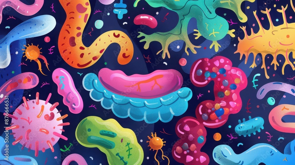 Colorful microscopic bacteria and viruses illustration. Bright, vibrant microbes on a dark background. Biological science concept. Colorful microscopic bacteria and viruses illustration. Bright, vibrant microbes on a dark background. Biological science concept.