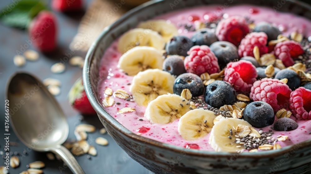 Delicious smoothie bowl with fresh berries, banana slices, chia seeds, and granola, perfect for a healthy breakfast or snack.