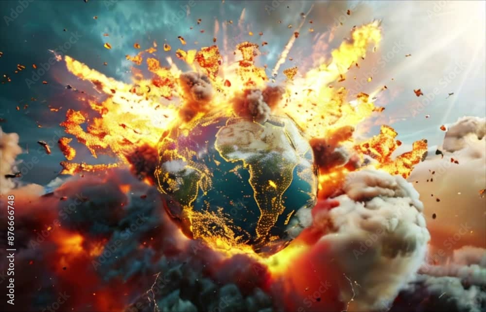 Planet Earth exploding from nuclear blast. Explosion of atomic bomb. Apocalypse, world war 