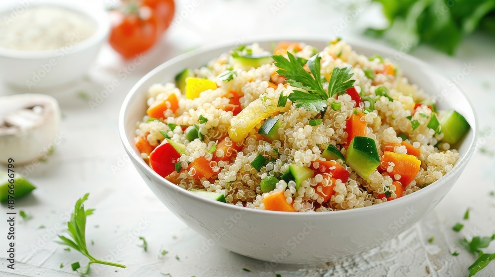 Fresh and colorful quinoa salad with mixed vegetables, served in a white bowl, perfect for a healthy meal option. Fresh and colorful quinoa salad with mixed vegetables, served in a white bowl, perfect for a healthy meal option.