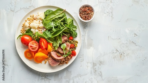 Healthy and colorful meal featuring fresh vegetables, greens, and a serving of lean meat on a white plate with a small bowl of condiments.