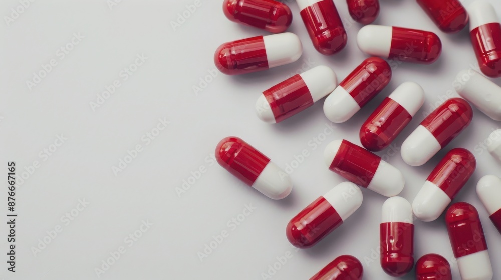 Red and white capsules scattered on a white surface, representing pharmaceutical medication, healthcare, and medical treatment. Red and white capsules scattered on a white surface, representing pharmaceutical medication, healthcare, and medical treatment.