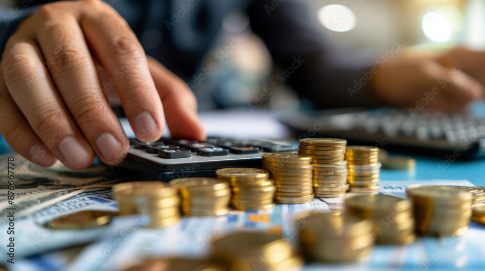 Close-up of a person using a calculator while counting stacks of coins, symbolizing finance management and budgeting. Close-up of a person using a calculator while counting stacks of coins, symbolizing finance management and budgeting.