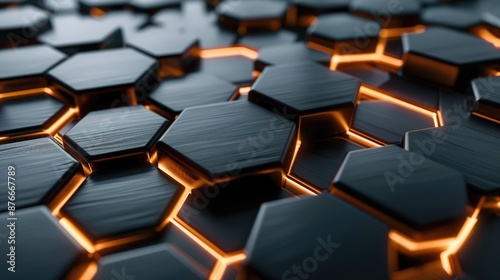 Hexagonal black tiles with orange backlight. Digital artwork of 3D rendering geometric shapes with glowing light. Abstract digital rendering artwork. Geometric and modern technology concept. AIG49. © Summit Art Creations