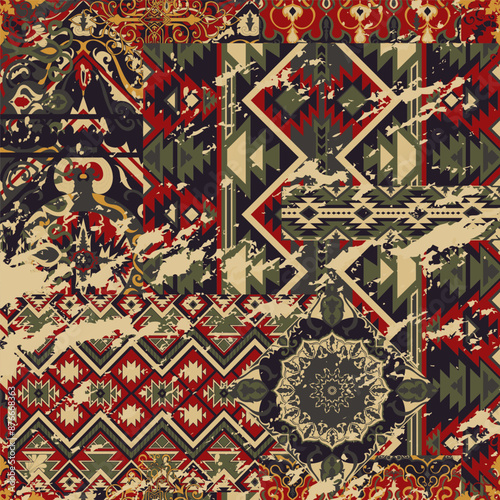 Old rug with African fabric pattern traditional patchwork Abstract vector vintage wallpaper. Seamless pattern. For clothing.