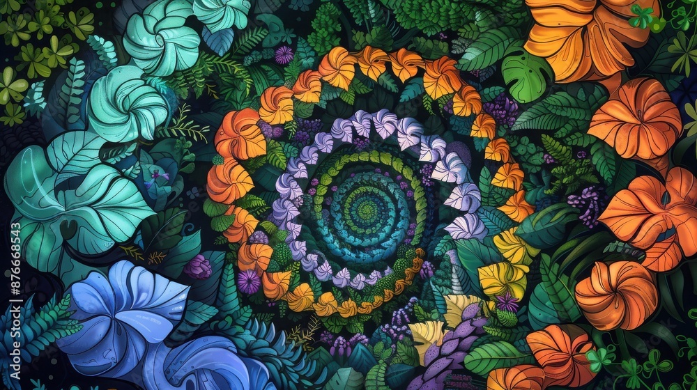 Abstract vibrant floral spiral artwork with intricate details of colorful flowers and leaves, creating a psychedelic, mesmerizing effect. Abstract vibrant floral spiral artwork with intricate details of colorful flowers and leaves, creating a psychedelic, mesmerizing effect.