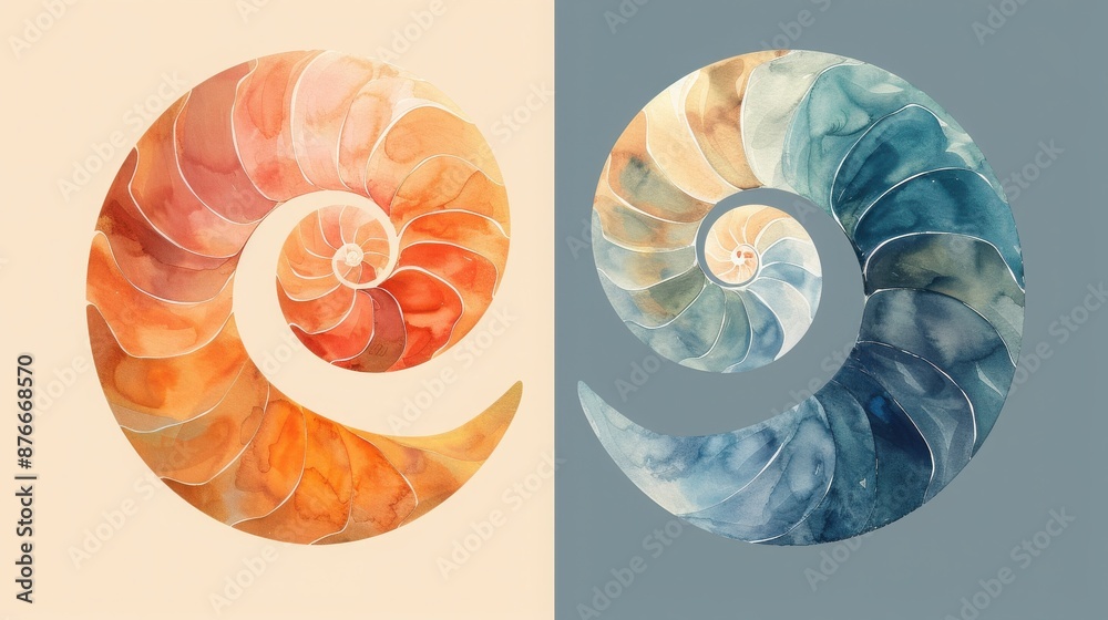 Abstract watercolor nautilus shells, one in warm tones and one in cool tones, creating a harmonious and balanced composition. Abstract watercolor nautilus shells, one in warm tones and one in cool tones, creating a harmonious and balanced composition.