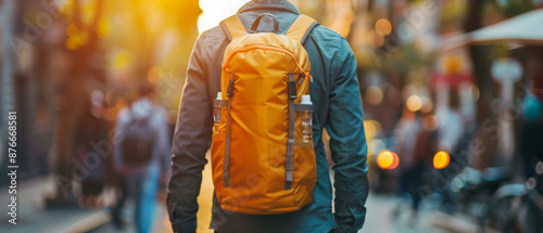 Person wearing a yellow backpack walking through a city street at sunset, highlighting travel and exploration themes.