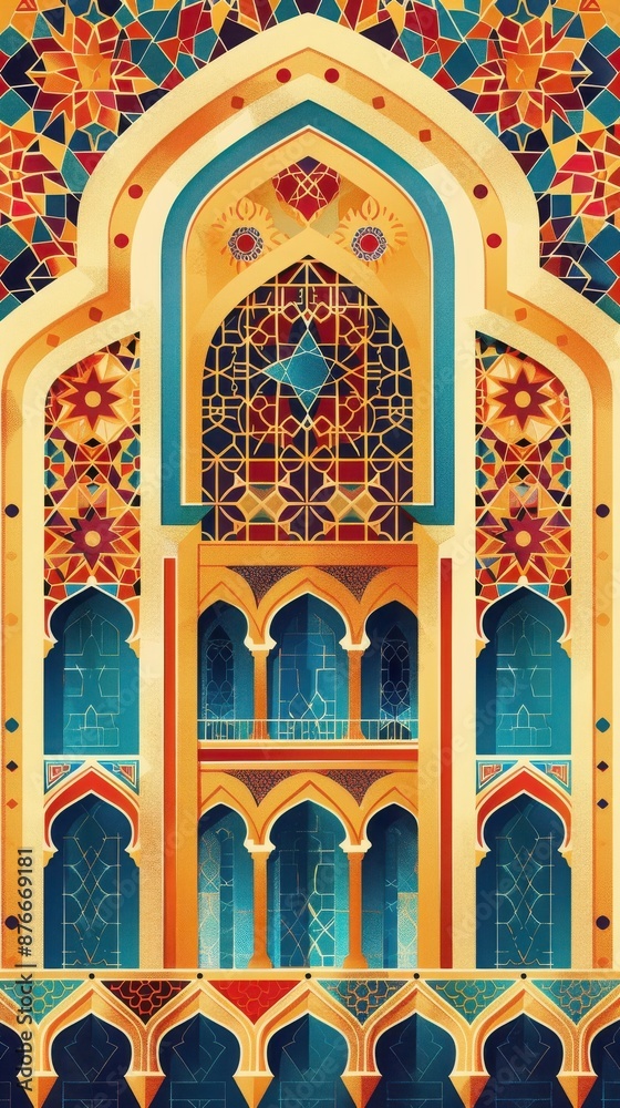 Obraz premium Colorful Islamic geometric pattern traditional Moroccan archway showcasing intricate, vibrant tilework architectural design.
