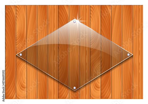 Glass Plaque on Wooden Background. 3D illustration