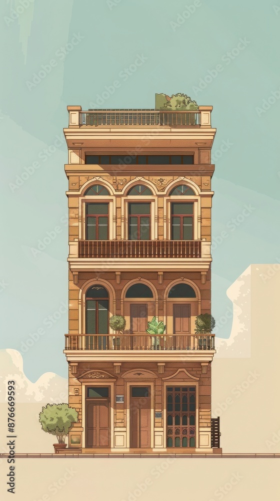 Fototapeta premium Illustration of a tall, classical building with arched windows and balconies, set against a light sky.