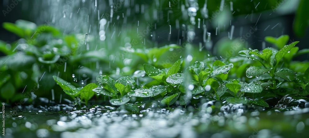 Closeup rainfall on leaves forest background. Generative AI technology.
Closeup rainfall on leaves forest background. Generative AI technology.
