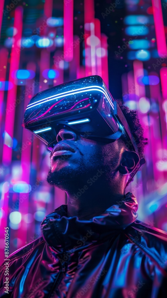Augmented reality, science, future technology concept. Handsome African man traveling in cyberspace using vr headset, wearing futuristic 3d Augmented reality, science, future technology concept. Handsome African man traveling in cyberspace using vr headset, wearing futuristic 3d