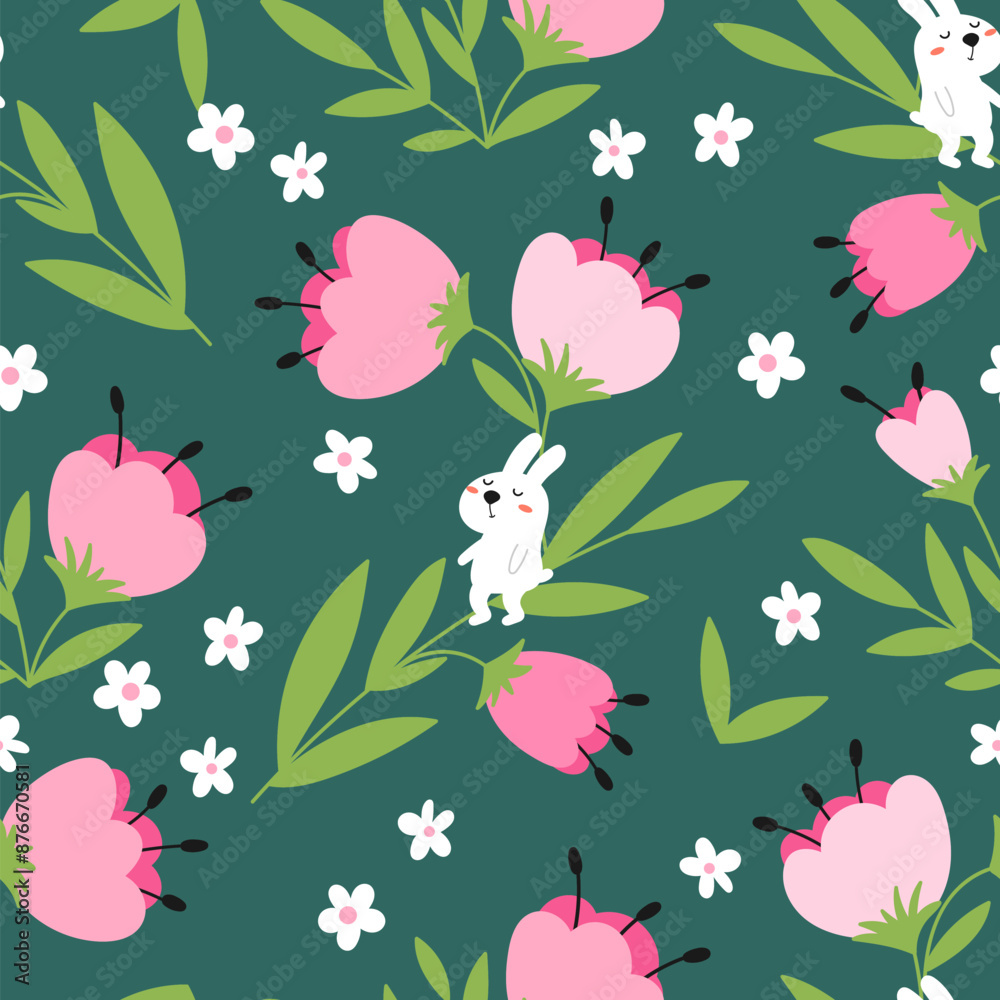 Flowers and rabbits seamless pattern Flowers and rabbits seamless pattern
