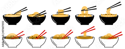 vector set Japanese bowl noodles with chopstick icon logo. ramen symbol design illustration