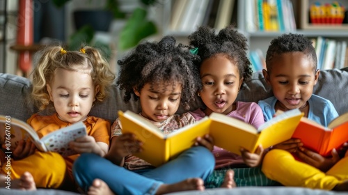 Cute little children reading books in happy expressions.