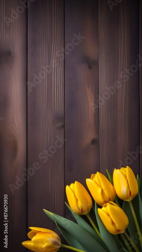 AI generated image of beautiful yellow color tulip flowers on wooden background