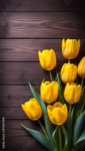 AI generated image of beautiful yellow color tulip flowers on wooden background