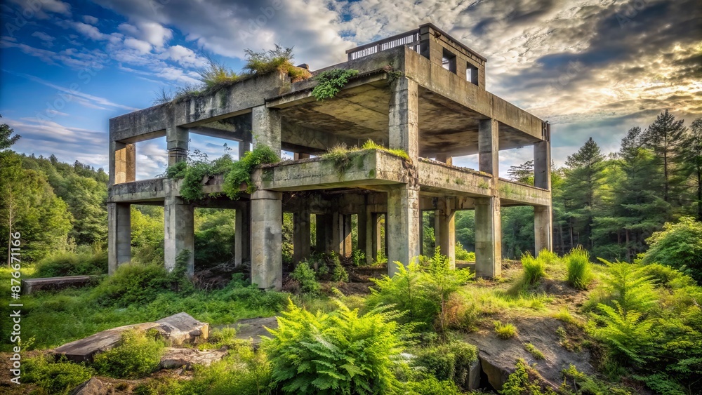 The Concrete Structure Of An Abandoned Factory Stands In A Forest, Overgrown With Vegetation And Surrounded By Trees. The Concrete Structure Of An Abandoned Factory Stands In A Forest, Overgrown With Vegetation And Surrounded By Trees.