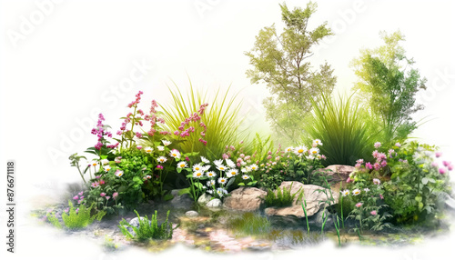 Lush garden with various flowers, greenery, and rocks, creating a serene landscape