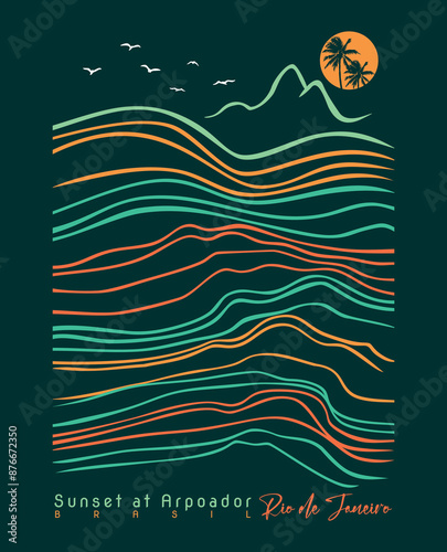 Illustration in graphic style of the sunset in Arpoador, Rio de Janeiro, Brazil. Art in simple, uncluttered lines.