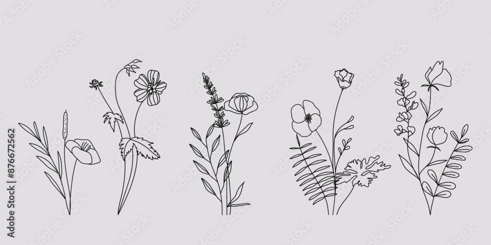 Obraz premium Hand drawn flower bouquet line element vector. Collection of foliage, leaves branch, wildflower, daisy, sunflower, eucalyptus. Spring blossom illustration design for logo, wedding, tattoo, decor.
