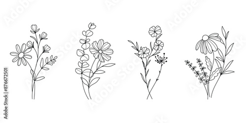 Hand drawn flower bouquet line element vector. Collection of foliage, leaves branch, wildflower, daisy, sunflower, eucalyptus. Spring blossom illustration design for logo, wedding, tattoo, decor.