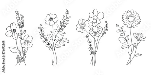 Hand drawn flower bouquet line element vector. Collection of foliage, leaves branch, wildflower, poppy, sunflower, eucalyptus. Spring blossom illustration design for logo, wedding, tattoo, decor.