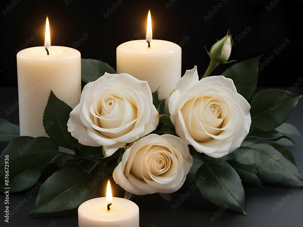 abstract glowing Beautiful White roses with burning candle on the dark background Funeral symbol. Mood Condolence card concept abstract glowing Beautiful White roses with burning candle on the dark background Funeral symbol. Mood Condolence card concept