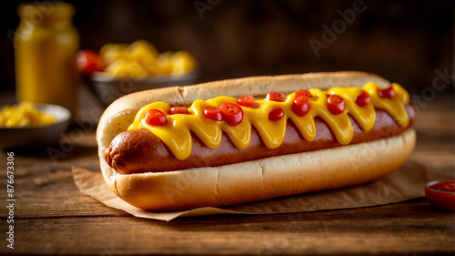 hot dog with a juicy sausage nestled in a soft, toasted bun, topped with a zigzag of yellow mustard and ketchup, sitting on a rustic wooden table
