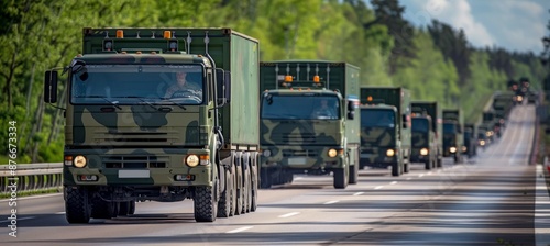 Row of military truck logistic at highway. Goods and equipment vehicle transport. Generative AI technology.