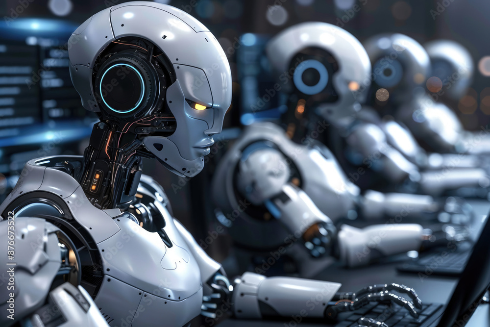 Fototapeta premium A row of robots are operating laptops