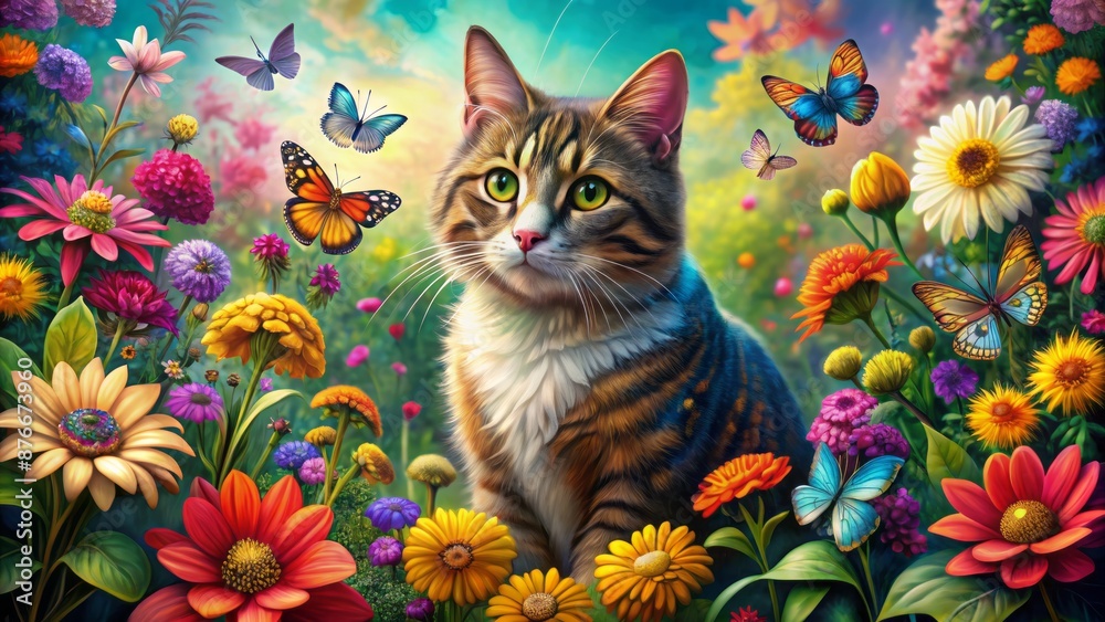 A Cute Cat Is Sitting In A Field Of Flowers And Looking At A Butterfly. The Cat Is Surrounded By Colorful Flowers And Butterflies. A Cute Cat Is Sitting In A Field Of Flowers And Looking At A Butterfly. The Cat Is Surrounded By Colorful Flowers And Butterflies.