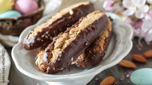 Almond Easter biscotti dipped in chocolate, Easter dessert, crunchy and indulgent holiday treats