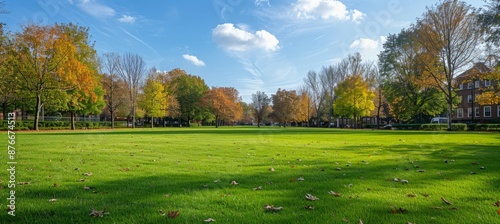 Fototapeta Naklejka Na Ścianę i Meble -  Green grass park and trees. Generative AI technology.	
