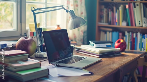 A student's desk with a laptop and textbooks