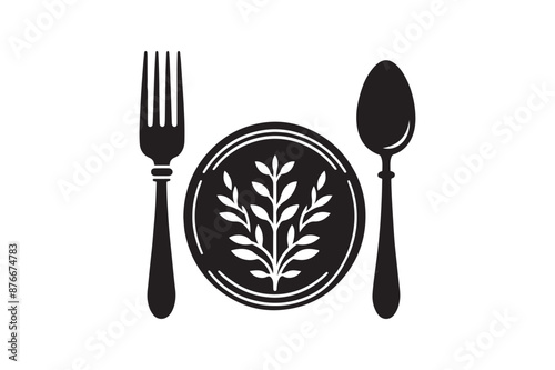 Fork, knife, spoon and plate silhouettes vector illustration.