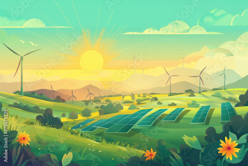 Wind turbines and solar panels on the grassland, illustration
