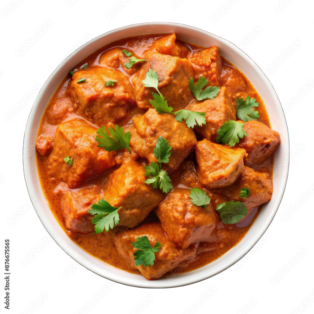 Chicken tikka masala spicy curry meat on white bowl on transparent background Chicken tikka masala spicy curry meat on white bowl on transparent background