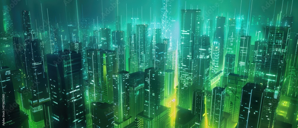 Naklejka premium Abstract cityscape with emerald cube towers, bright lights, futuristic urban scene