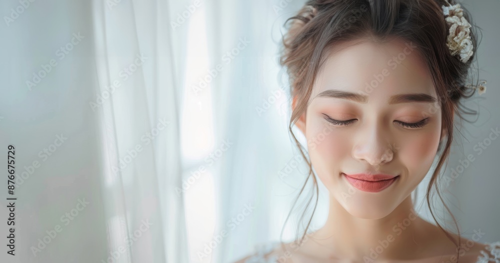 Beautiful bride with soft curls, light background, satin wedding dress, serene expression, Asian ethnicity Beautiful bride with soft curls, light background, satin wedding dress, serene expression, Asian ethnicity