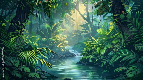 Fototapeta Naklejka Na Ścianę i Meble -  Lush green jungle foliage with a tranquil river flowing through the center