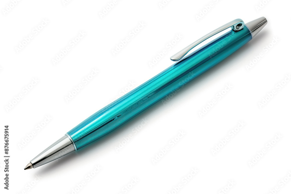 A sleek, turquoise metallic pen with a silver clip, elegantly positioned on a white background, perfect for office use, writing, and professional presentations. A sleek, turquoise metallic pen with a silver clip, elegantly positioned on a white background, perfect for office use, writing, and professional presentations.