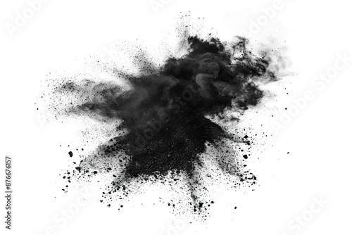 A dramatic burst of black ink captured mid-air, creating a dynamic explosion of particles and smoky textures, set against a clean white background. photo