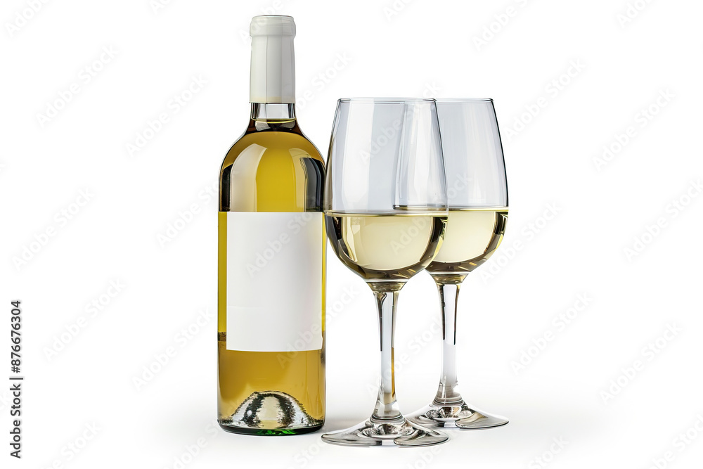 A bottle of white wine with two filled wine glasses, and a cork placed nearby, all set against a clean white background, ideal for wine tasting or dining scenes. A bottle of white wine with two filled wine glasses, and a cork placed nearby, all set against a clean white background, ideal for wine tasting or dining scenes.