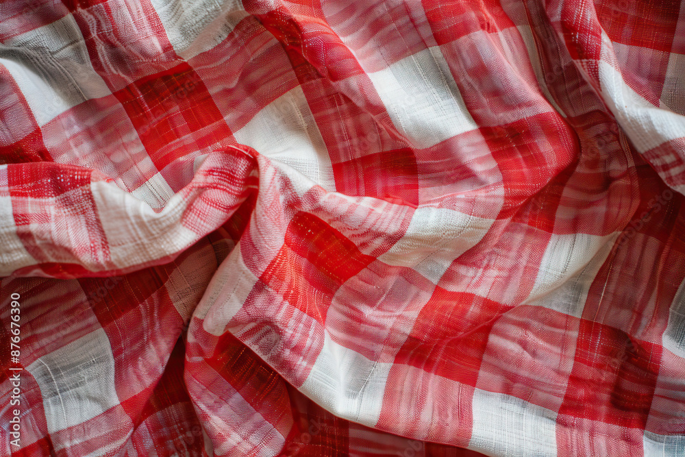 A close-up view of a wrinkled red and white checkered fabric, highlighting the texture and pattern, commonly used for tablecloths and clothing A close-up view of a wrinkled red and white checkered fabric, highlighting the texture and pattern, commonly used for tablecloths and clothing