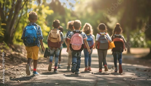 Group of young children walking together in friendship